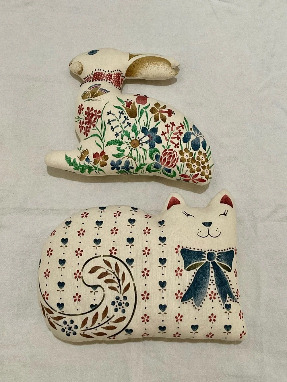 Folk Art Cat Rabbit Pillows Stuffed Bead Embellished Farmhouse Scandinavian Boho